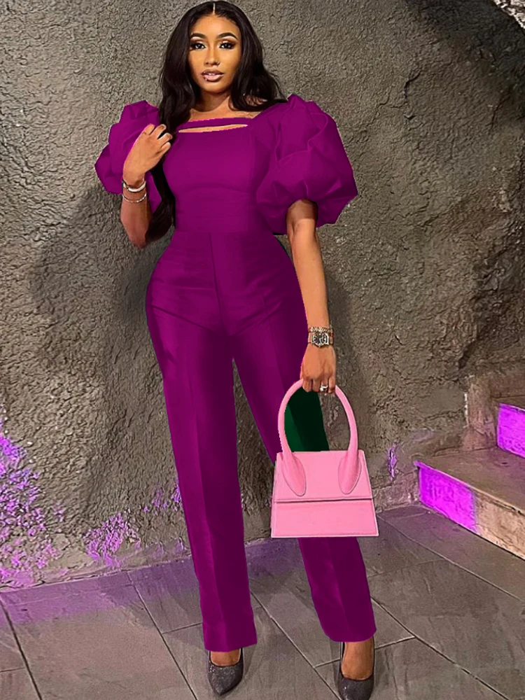Green Jumpsuit Woman 2024 Shiny Bodycon Sexy Party Romper Short Puff Sleeve Slim Fit High Waist Big Size Formal Occasion Overall