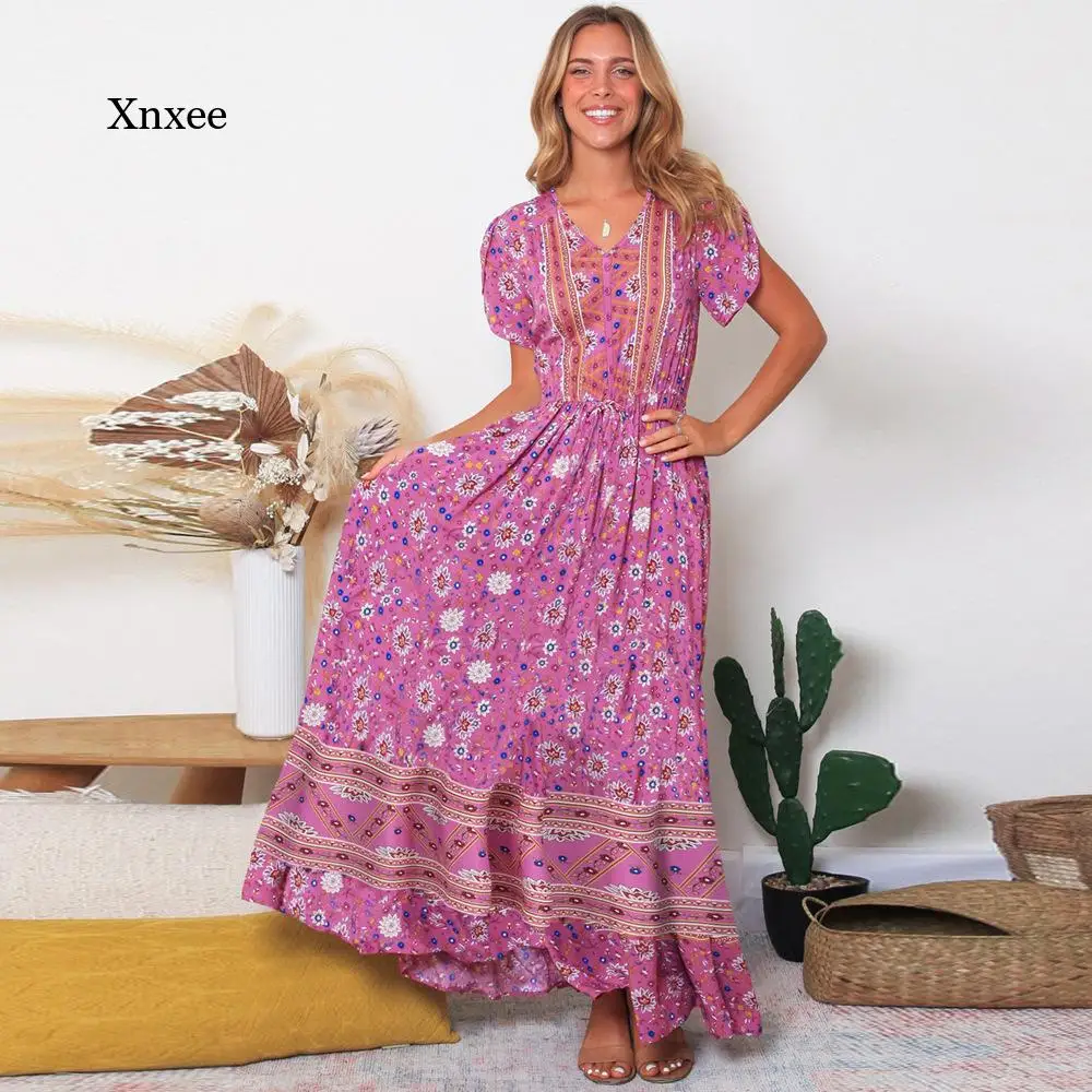 

Floral Print Long Dress Sexy Backless V Neck Robe Women Elastic Waist A-Line Holiday Boho Dress Lady Summer Short Sleeve Vestido