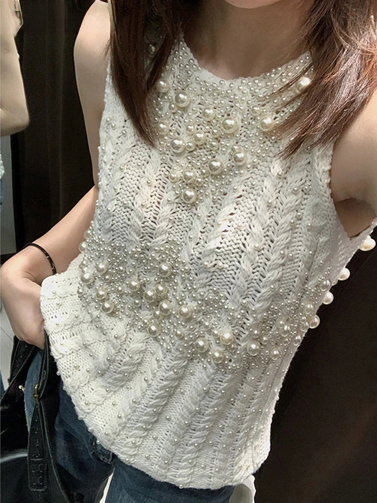 

White Pearl Sleeveless Knitted Vest Pullover Women O-neck Solid Hollow Out Rib Vests Female 2024 Spring Summer Elegant Lady Top