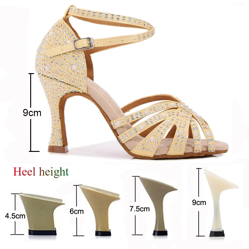 Latin Shoes Women's Salsa Tango Ballroom Party Dance Shoes Satin Rhinestones Yellow Girls High Heel Summer Sandals Sneakers