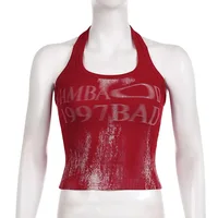 Tour de cou monogramme rétro pour femme, col en V en polyester glacé, haut court High Street, haut en tricot précieux, dos ouvert, sexy, haut rouge dos nu 4