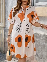 2025 New Plus Size Women's Floral Print V Neck Loose Elegant Short Sleeve Vacation Casual Loose Dress - Image 4