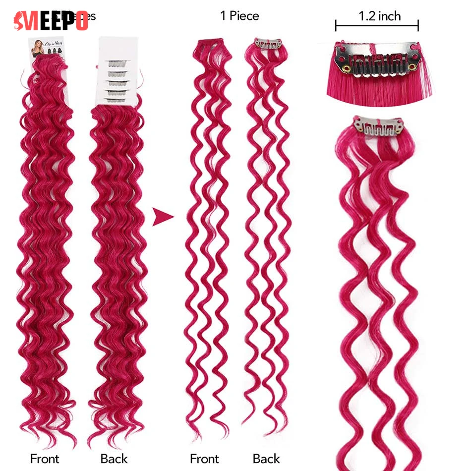 MEEPO 24Inch Deep Wave Hairpiece Synthetic Hair Extensions 10 Pieces/Set Clip In Hair Extension Pure Color Clip In One Piece
