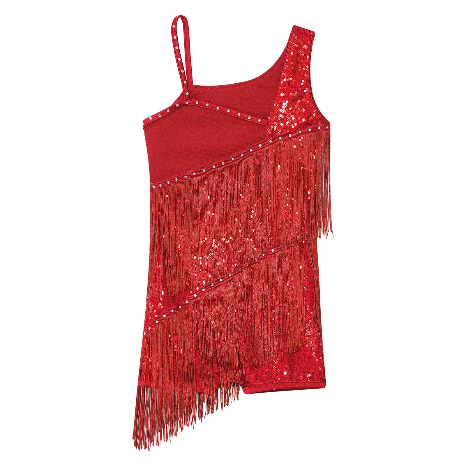 Kinder Mädchen Latin Dance Trikot Kleid Tango Cha Cha Rumba Samba Performance Dancewear Ärmellose Pailletten Strass Quaste Body – Detail 28
