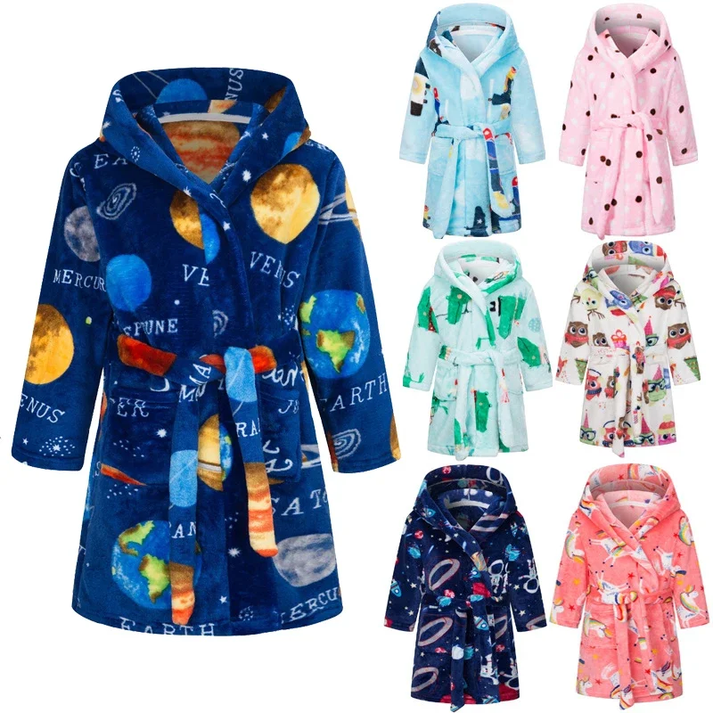 2-14 Years Kids Autumn Winter Bathrobe Sleepwear Warm Soft Flannel For Girls Boys Teenage