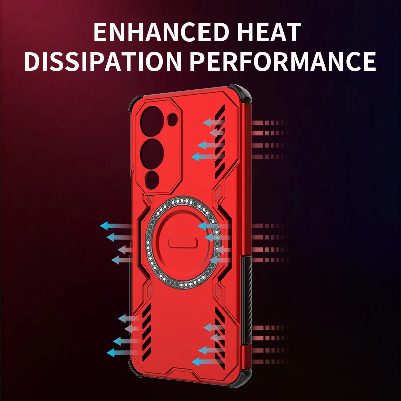 Rugged Armor Shockproof Phone Case with Heat Dissipation and Magnetic Cover