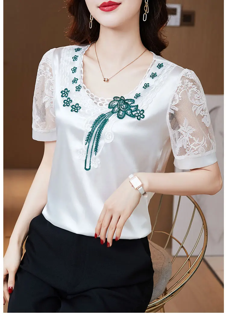 Summer Clothing New Satin Lace Tops Short Sleeve Embroidery Shirt Hollow Out Women Blouse - Women Blouse - AliExpress