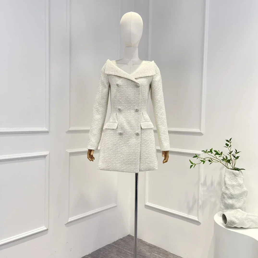 

2023 Top Quality New Elegant Beige Double Breasted Long Sleeve Buttons Tweed Women Mini Dress