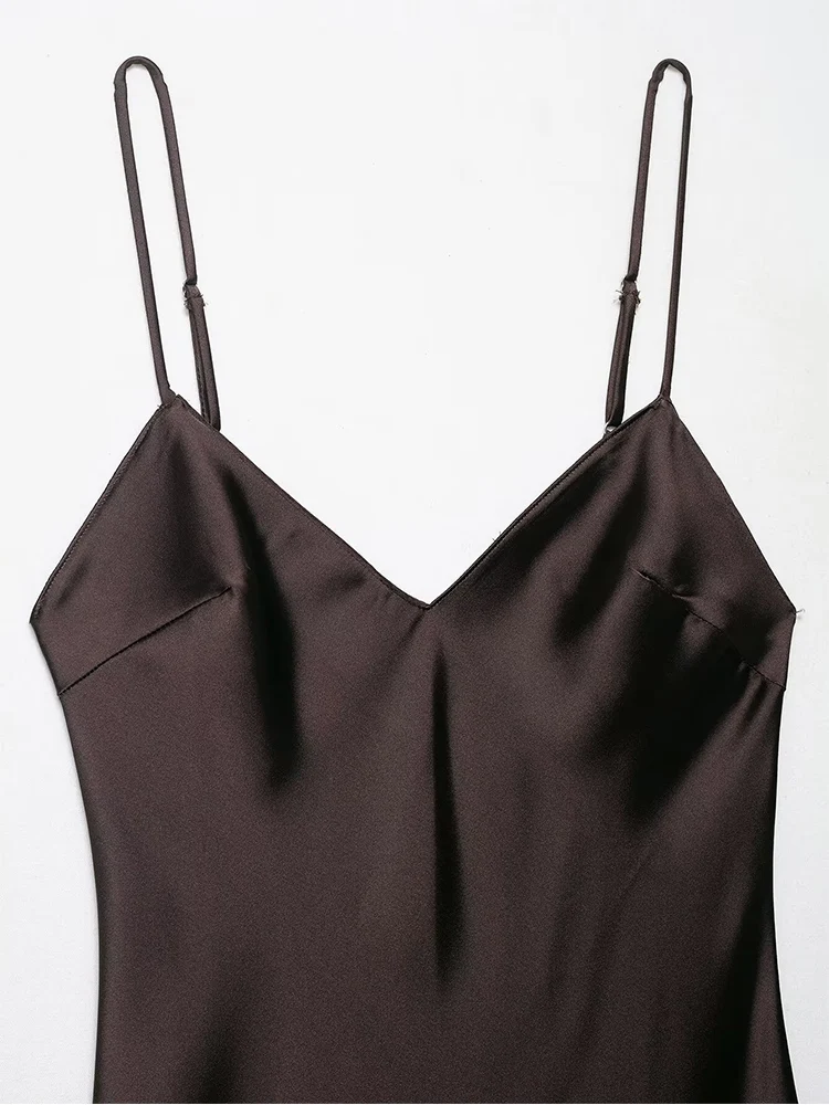 Women's Dress New Summer 2025 Brown Suspender Silk Satin Irregular Long Dress Backless Sexy Fashion Elegant Party Dresses ﻿
