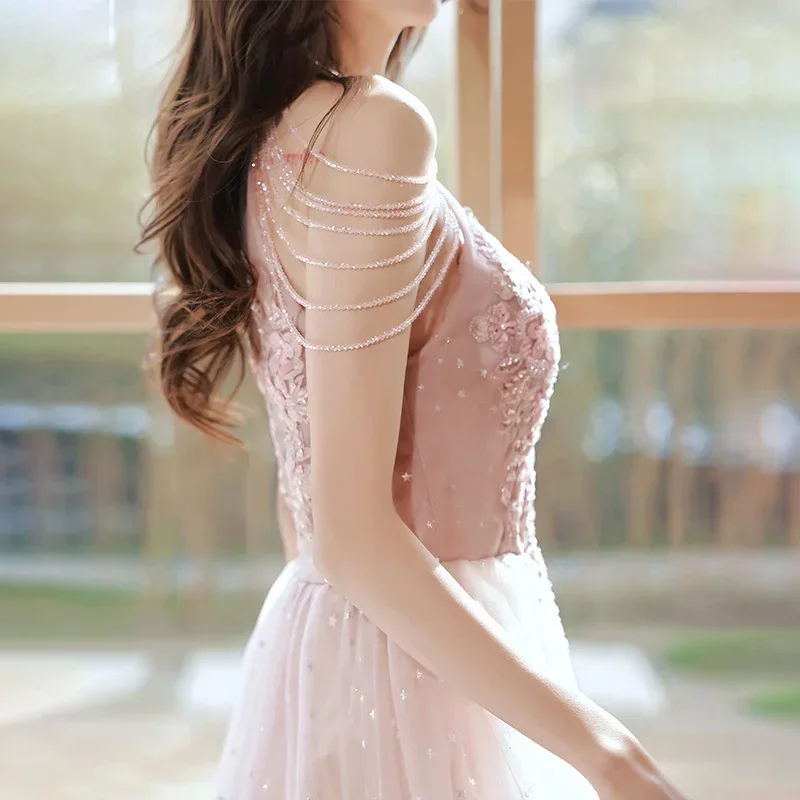 LANMU Elegant Pink Celebrity Dress Sequins Beading Halter With Tassel Sleeve A Line Exquisite Floor Length Prom Evening Gowns