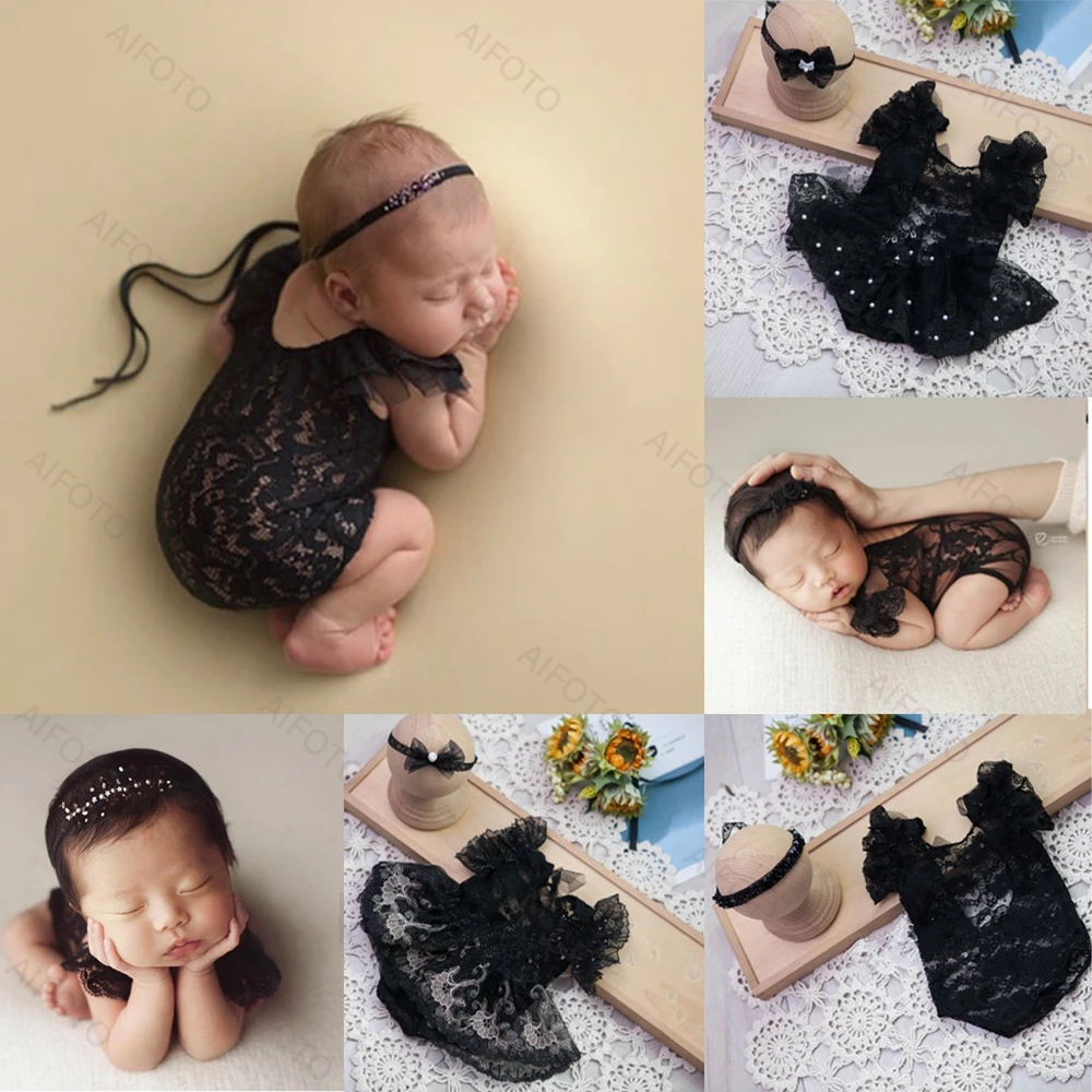 Newborn Photography Props Girl Dresses Black Lace Headband Set Outfits Bodysuits Romper For Baby Photo Shoot Studio Accessories newborn props photography outfit flower headdress hat bodysuit set baby photo shoot clothes romper for 0 3 months girl costume