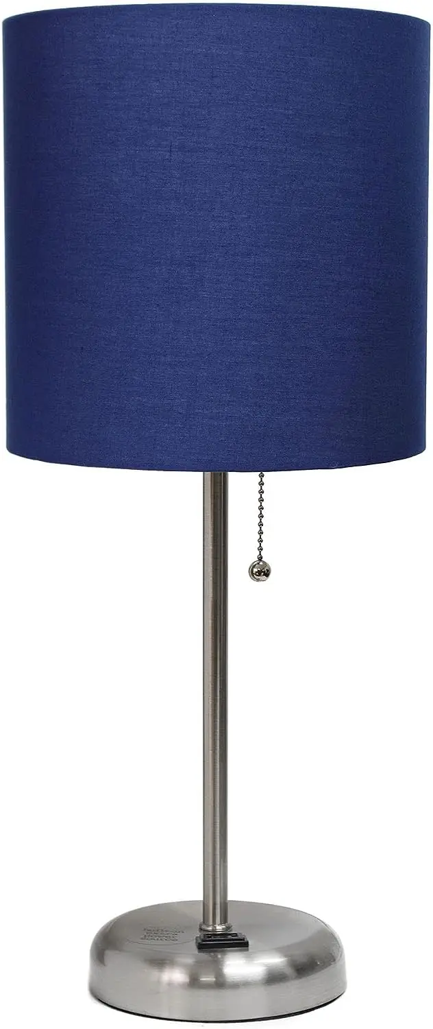 

19.5" Contemporary Bedside Power Outlet Base Standard Metal Table Desk Lamp in Brushed Steel with Navy Blue Drum Fabric Shad Mus