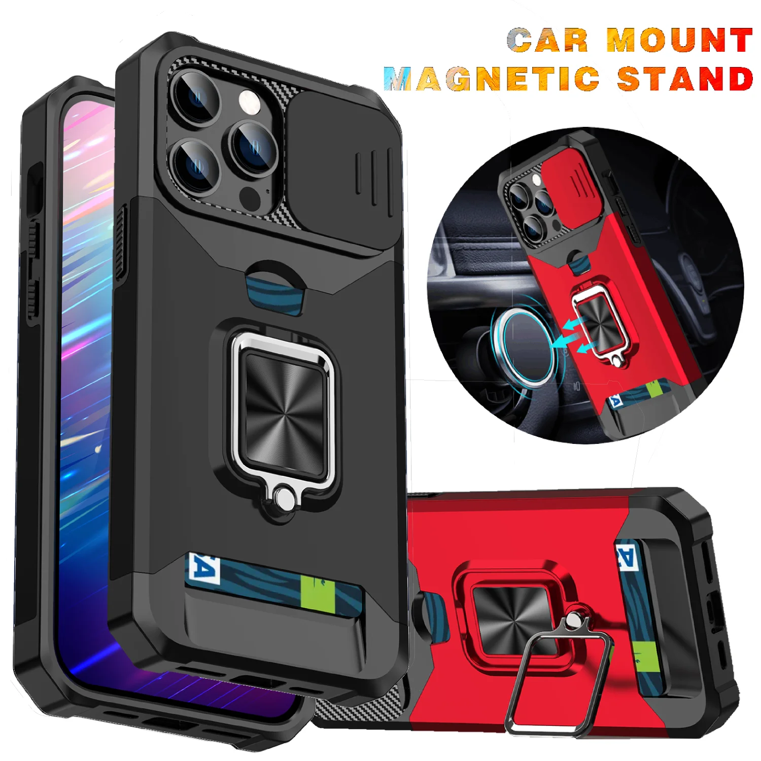Phone Case with Slide Camera Cover, Card Holder, Ring Stand, and Wallet Slot