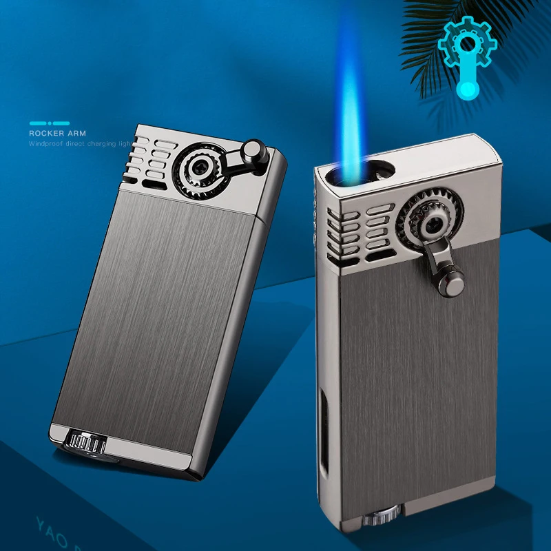 

New Windproof Rocker Arm Cigar Jet Lighter Torch Turbo Cigarette Inflatable Gas Blue Flame Butane Lighters Transparent Fuel Tank