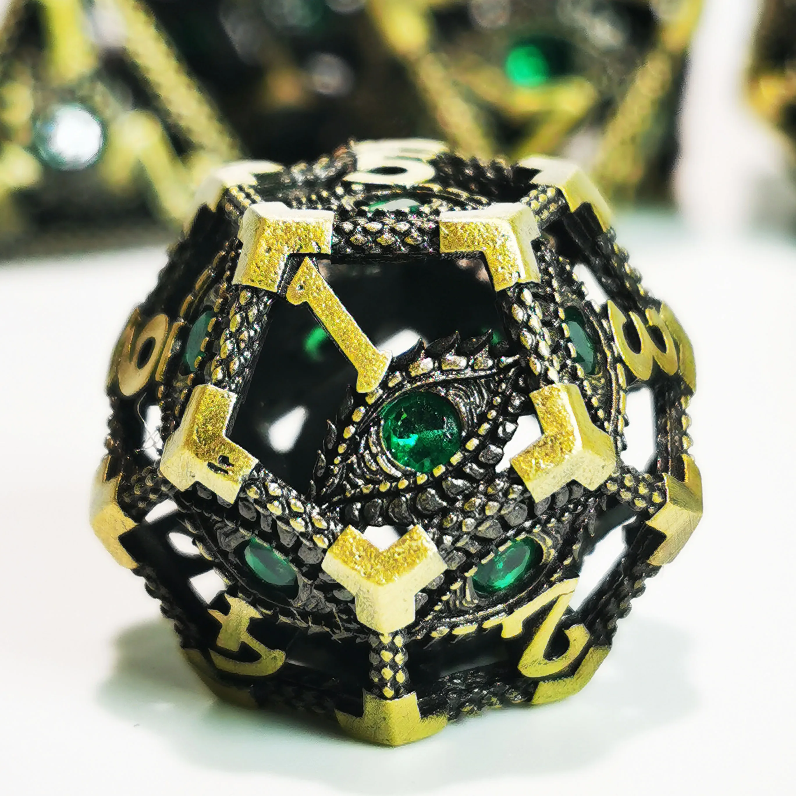 DnD Metal Dice Set - Hollow Dragon Eye Green D&D Dice with Zinc Alloy Core, 7 Polyhedral RPG Dice for Dungeons & Dragons 3