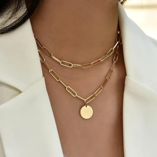 99312-200e39.jpg Collier tendance à chaîne serpent plate avec pendentif disque à trois couches pour femme, chaîne de perles simple, accessoires de bijoux de fête
