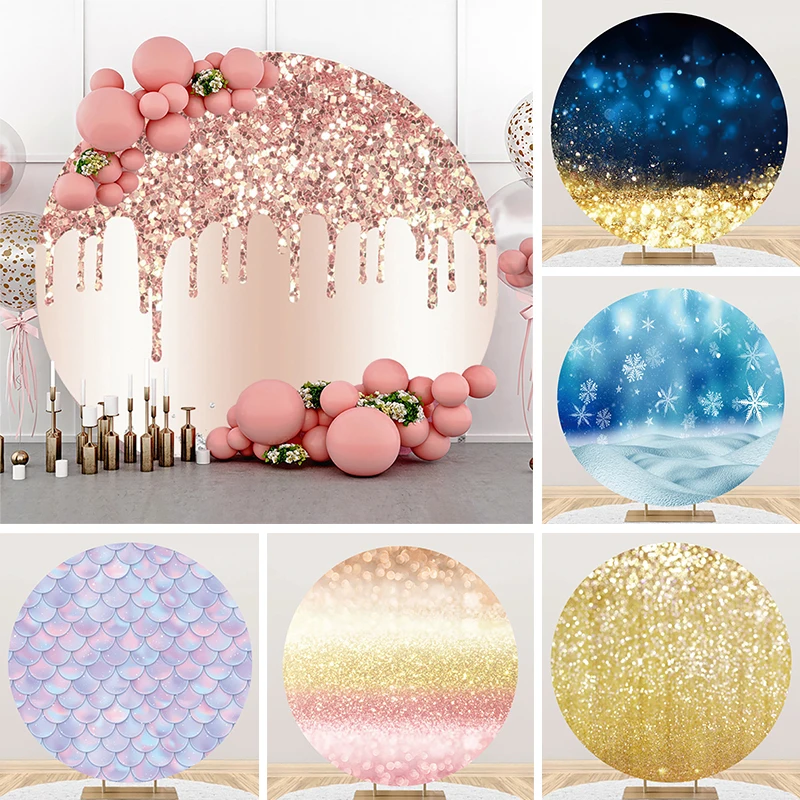 

Rose Golden Diamond Happy Birthday Round Photography Background Glitter Snow Circle Decor Name Custom Adult Party Backdrop Cover