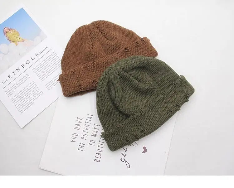Winter mütze Frauen Harajuku gestrickte Mützen Mode warme Mützen Herbst Hip Hop Motorhaube Loch Schädel Unisex Basic Cap – Detail 20