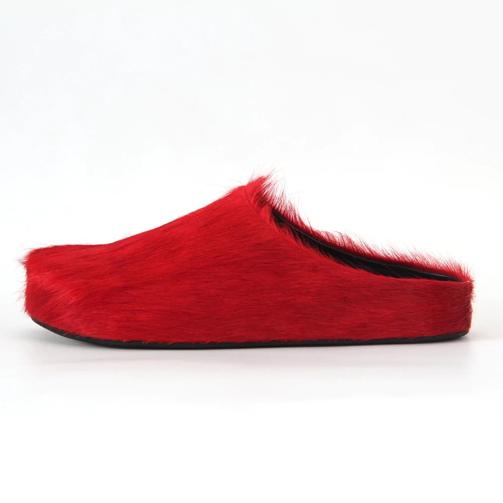 Women Horse Hair Shoes Fur Mules Flat Slippers 2024 Spring Autumn Fashion Slides Thick Sole Casual Comfortable Men Flat Slippers