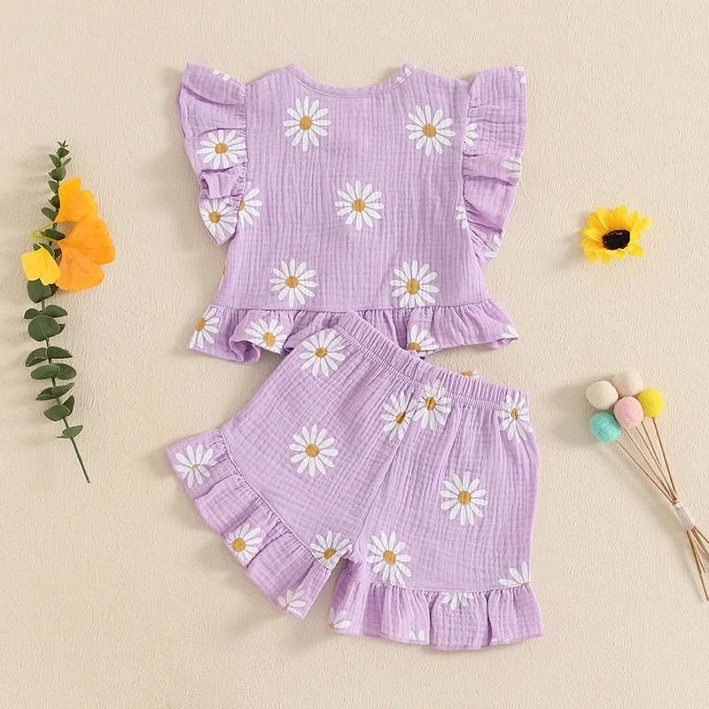 Floral Print Summer Outfit Set for Baby Girls - Cute Top  Elastic Shorts