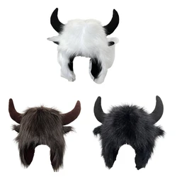 Winter Headwear with Cool Horns Suitable for Stage Shows Halloween Cosplay Stylish Furry Hat with Horns Headwear