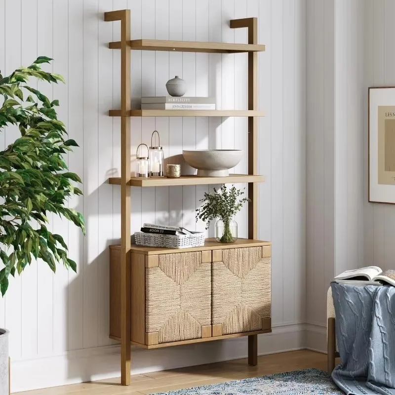 with Storage Cabinet, Beacon 3-Shelf Solid Wood Bookshelf, Bohemian Wall Mounted Shelf with Seagrass Door Fronts 2