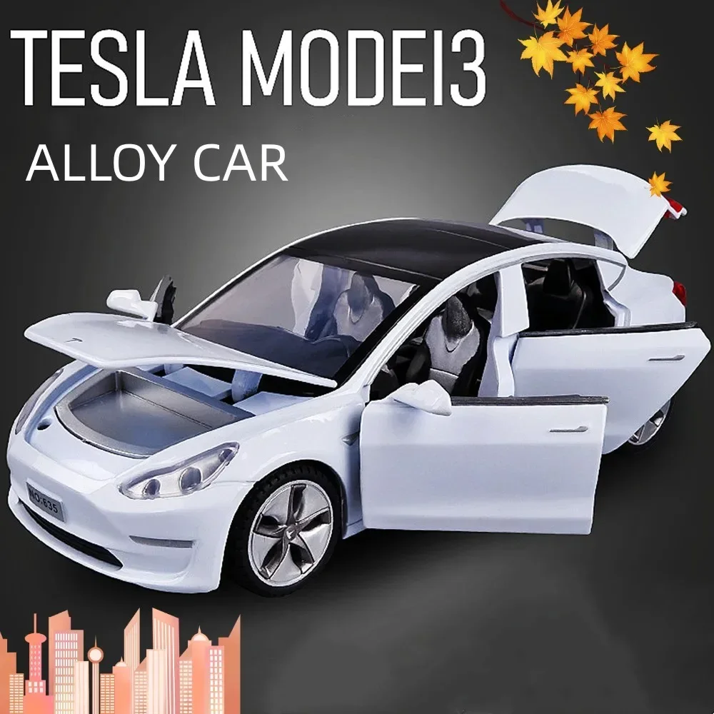 New 1:32 Tesla MODEL 3   Alloy Car Model Diecasts Toy Vehicles Toy Cars For Children Gifts Boy Toy Sound Light Pull Back 2