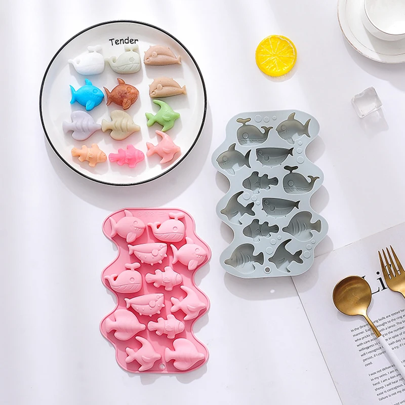 12 Cavity 3D Marine Fish Silicone Chocolate Mold Mix Animal Candy Biscuit Jelly Ice Cube Making Cake Decoration Baking Tool DIY