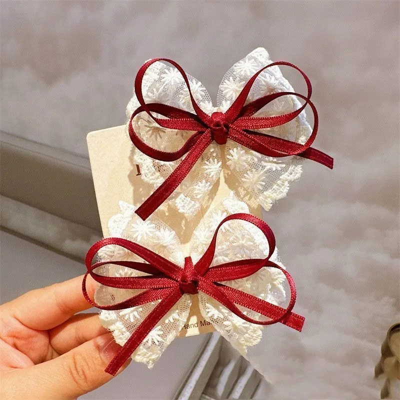 New lace bow hair clips for girls, sweet Korean bowknot handmade hairpins, headwear 2 pieces/set, children's hair accessories.