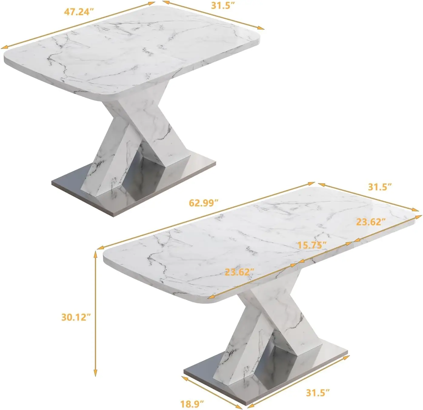 Modern Printed Marble Top Dining Table, Expandable Dining Table with Faux Marble Top and Crossed Pedestal Base for 4-6 (White)