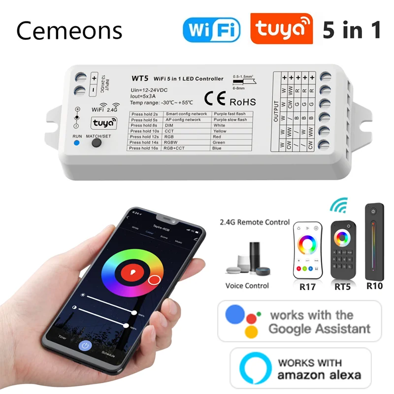 WT5 TUYA Smart LED Controller DC 12V 24V 5 Channels DIM RGB RGBW RGBWW RGBCCT Strip 2.4G RF Remote Google Plus Voice Control gtmedia g4 plus tv box 4k hd android 11 tv bluetooth google voice remote control wifi uhd 4k smart set top box media player