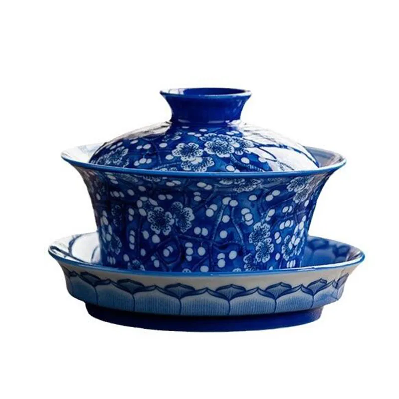 Porcelain Blue and White Plum Blossom Pattern Sancai Gaiwan Kungfu Tea Cup Infuser Tea Bowl Kitchen Teaware