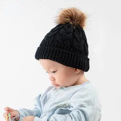 Children's autumn and winter hats Thickened woolen knitted caps Beanie Hat Fleece Lined Faux Fur Pom Knitted Warm Beanie