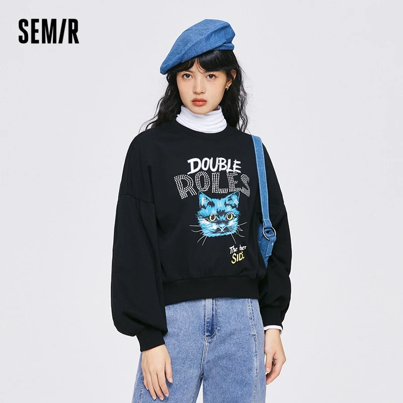 Semir Sweatshirt Women Short Cat Puff Sleeves Personality 2022 Autumn New Letter Top Oversize Casual Hoodie semir vest women imitation lamb wool reversible 2023 winter new retro oversize stand collar top