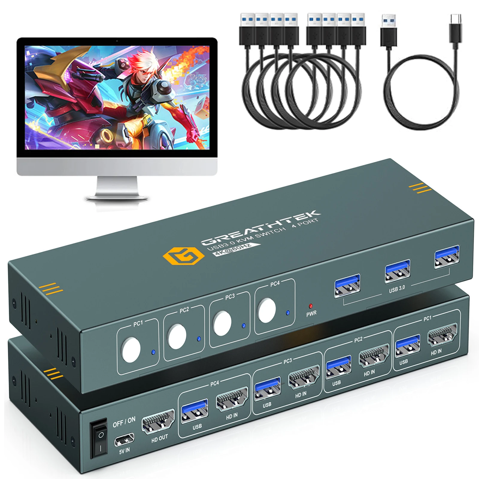 Pway 4K @ 60Hz Hdmi Kvm Switch 4 In 1 Out Supporto Hdmi 2.0 Hdcp 2.2 Con Usb 3.0 Port Hotkey Switch Pc Stampante Tastiera Mouse