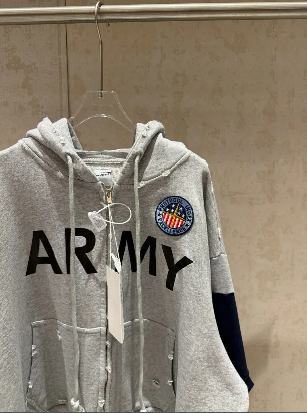 PROJECT G/R 2026 Patchwork ARMY Vintage Damaged Cardigan Pullover Men Women Best Quality Hoodie