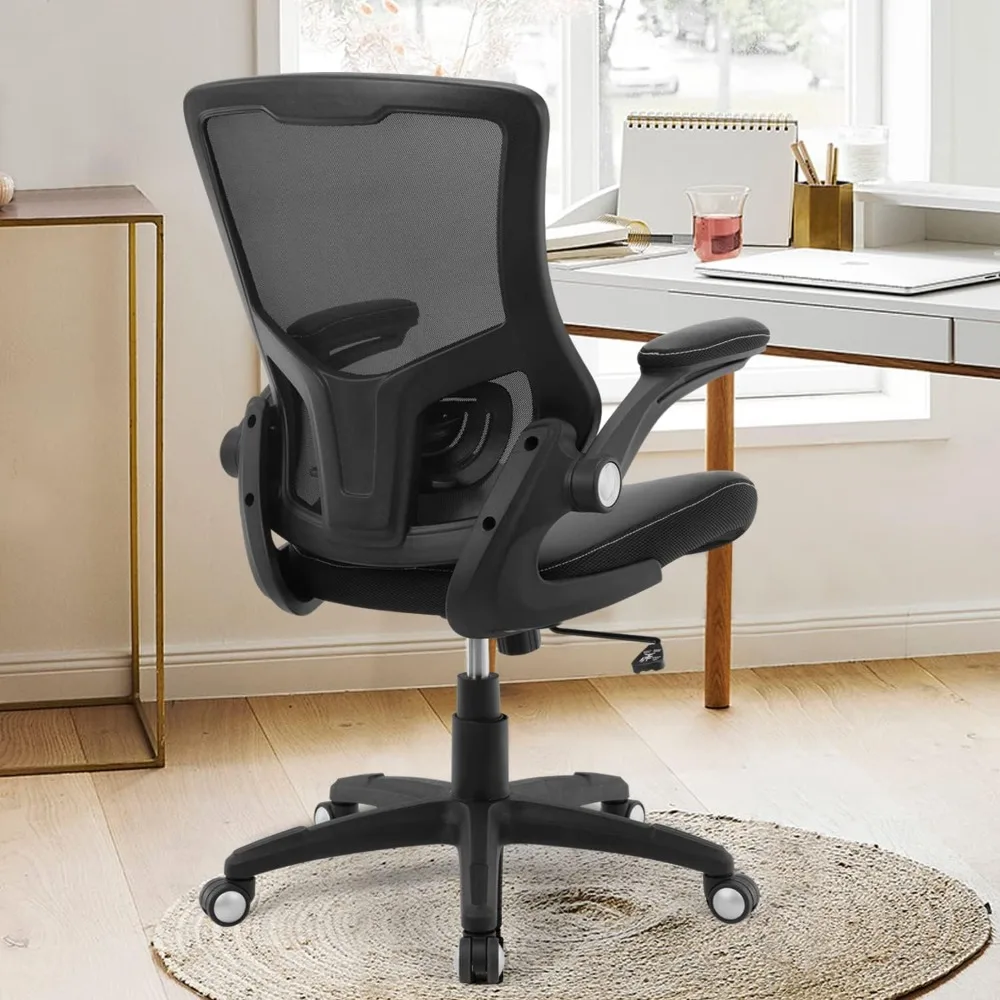 

Ergonomic Desk Chair Computer PU Leather Home Office Chair Swivel Mesh Back Adjustable Lumbar Support Flip-up Arms Executive