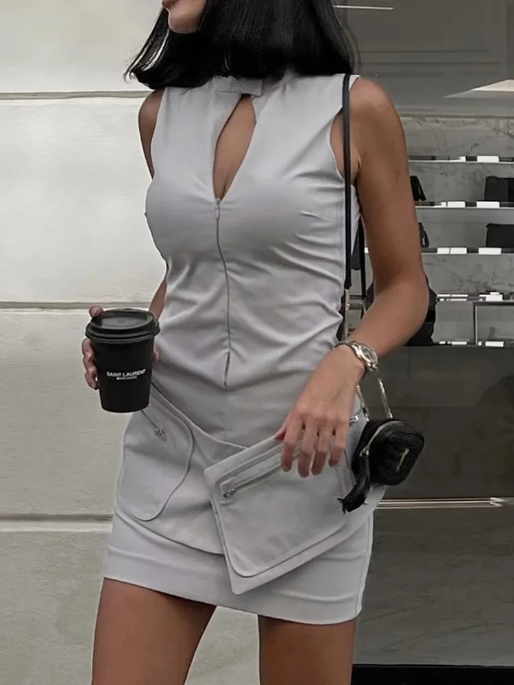 

Womens 2023 Fashion Streetwear High Waist Gray Short Dress Ladies Autumn New Casual Sleeveless High Collar Mini Dresses