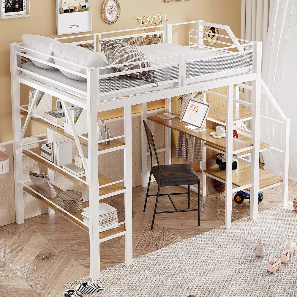 90x200cm Hochbett, mit LED-Lichtleiste und Steckdose, Schmiedeeisernes Bett mit Stauraum und Bücherregal, Einzelbett – Detail 18