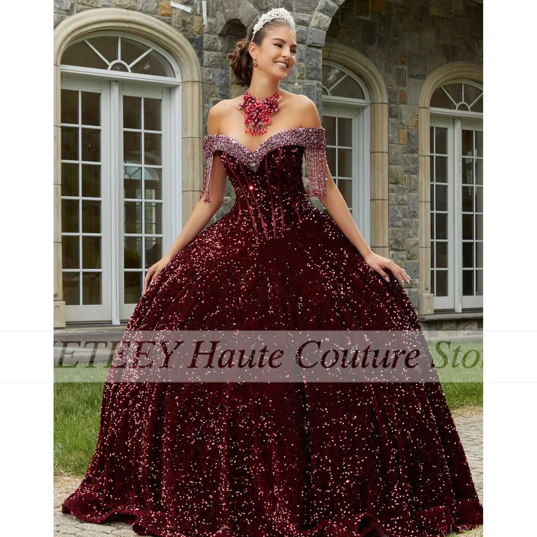 

Sparkly Red Quinceanera Dress Ball Gowns Sequined Tassel Off The Shoulder Sweet 15 16 Girl Birthday Party Prom Dress Vestidos