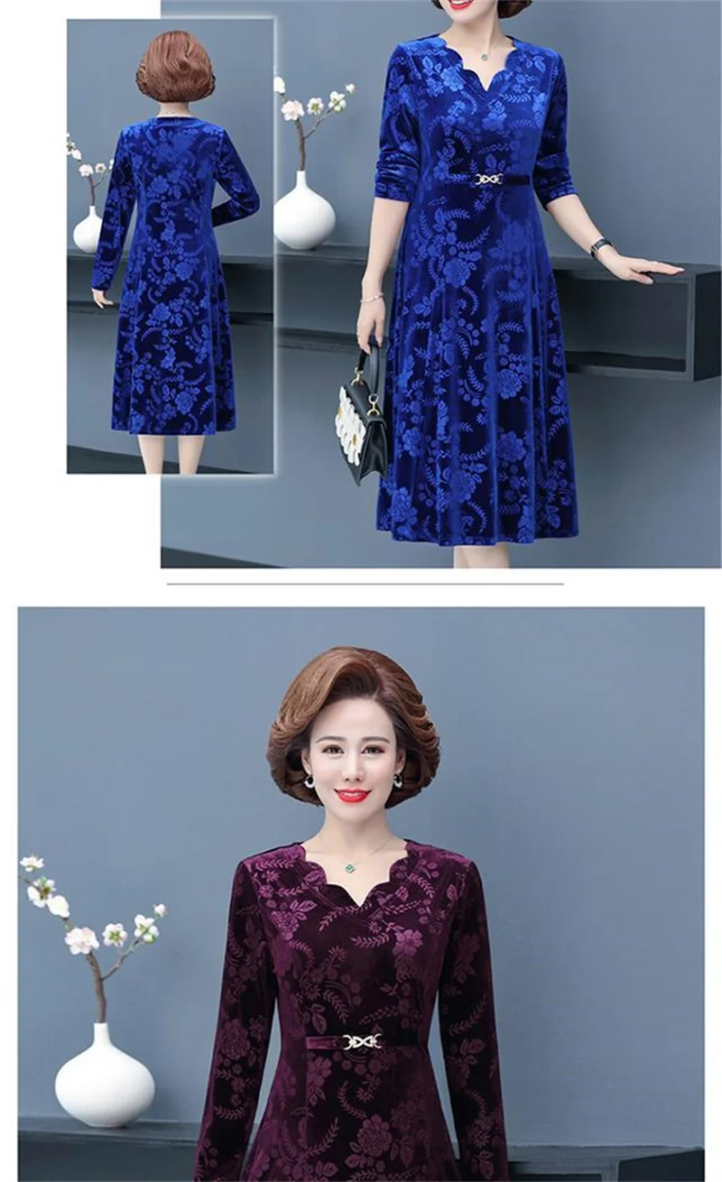 Middle-Aged And Elderly Female Autumn High Pressure Flower V-Neck Dress Temperament Long Sleeve Long Mother Dress Female Elegant