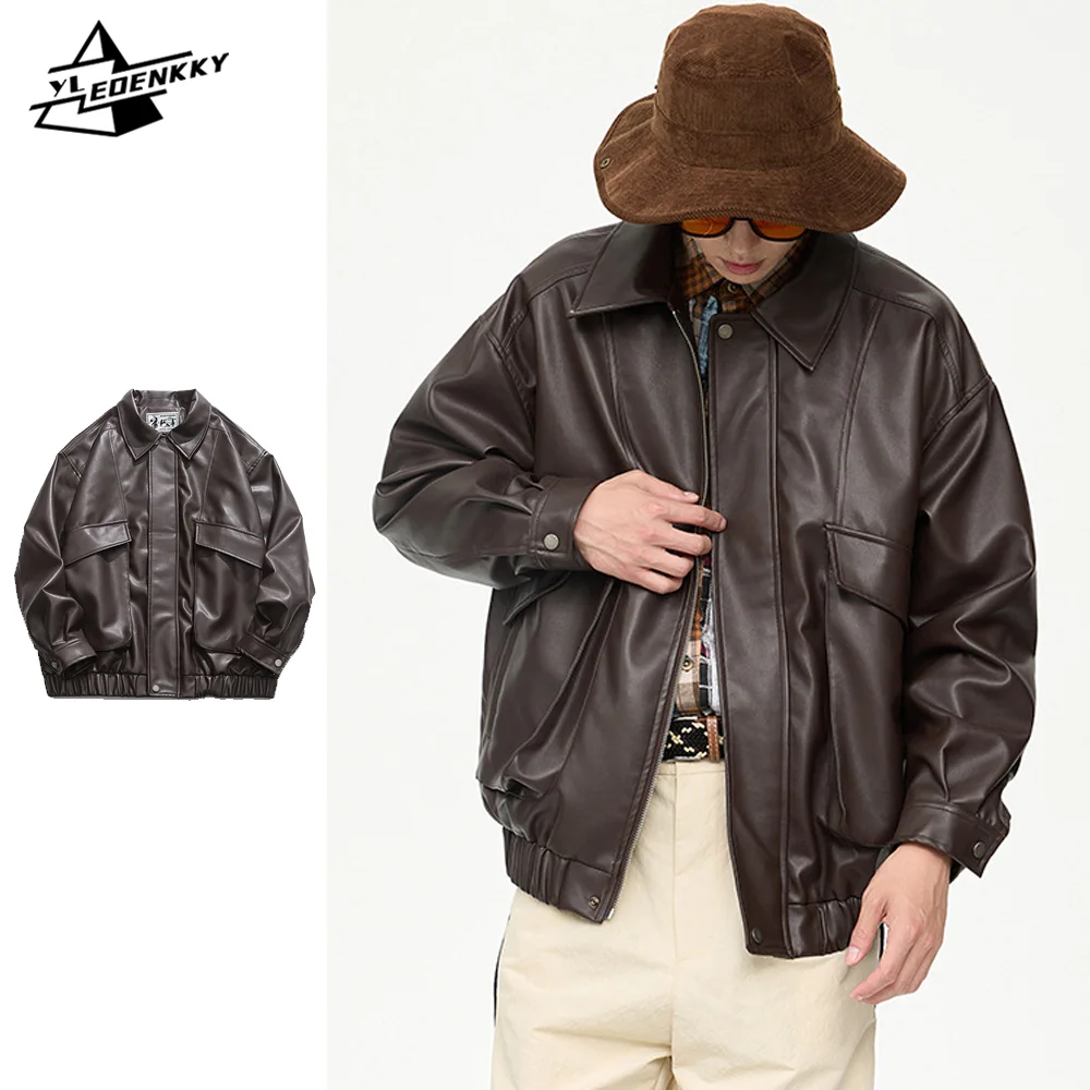 

American Retro Leather Jacket Men Women Autumn Winter Windproof Lapels Coat Harajuku Street Motorcycle Parkas Stylish Casual Top