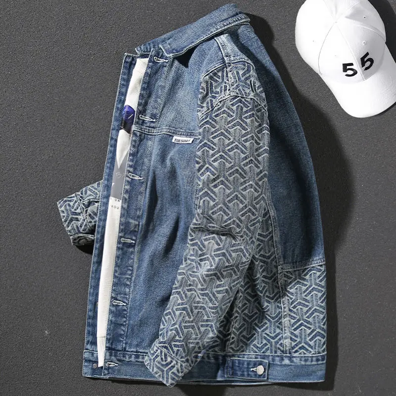 Men's Jeans Jacket Splicing Geometric Patterns Denim Jackets Autumn New Fashion Japanese Loose Square Collar Casual Jacket islamic geometric patterns revised