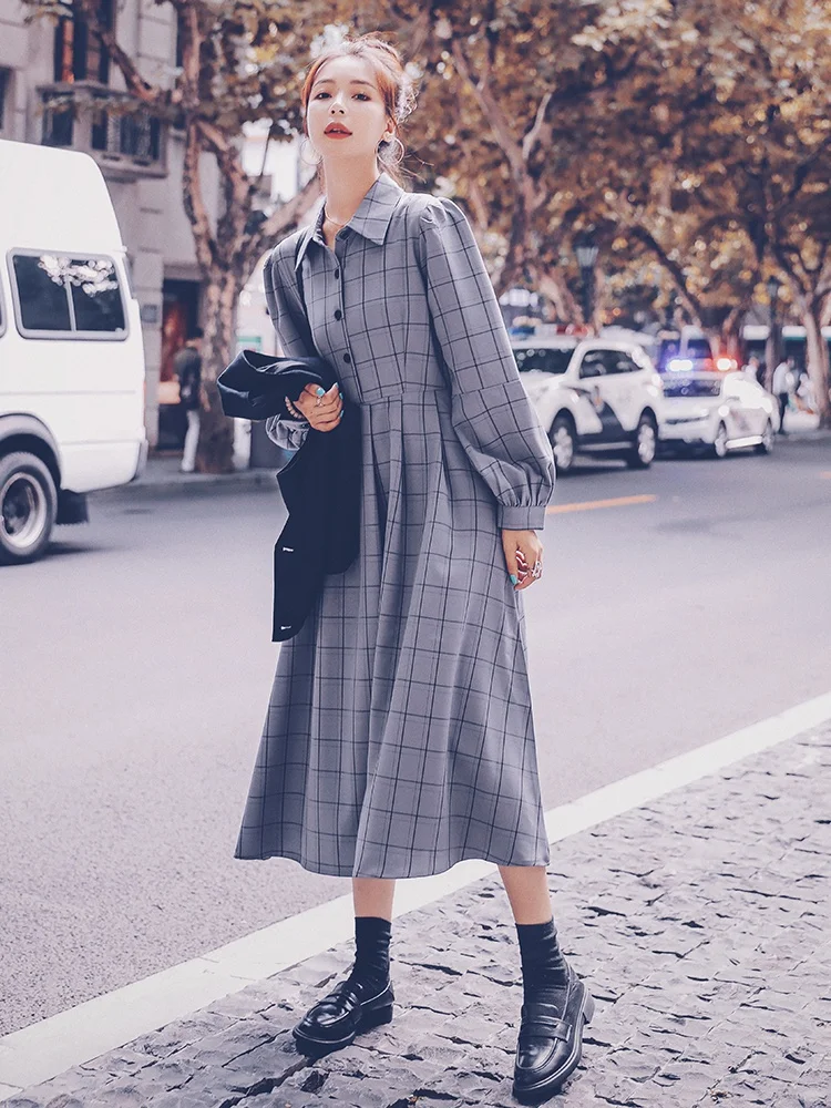 

Plaid Dress and Vest Two Piece Set Spring Autumn Women Long Sleeve Lapel Elegant Vintage Slim Casual Korean Long Dresses T101
