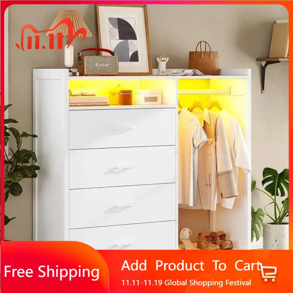Children's Wardrobes, White Dresser for Bedroom with Clothing Rack, Dressers& Chests of Drawers,4 Drawer Dresser with LED Lights