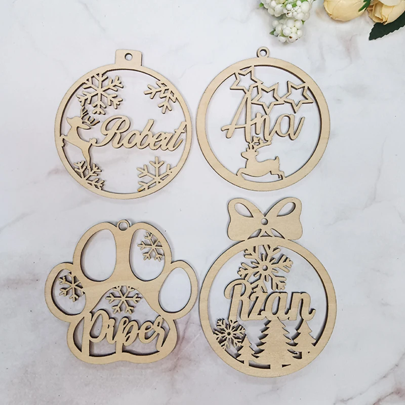 christmas decorations Personalized Christmas Snowflake Ball Laser Cut Baubles Different Name Ornament Christmas Hanging Gift Tree Wooden Tags