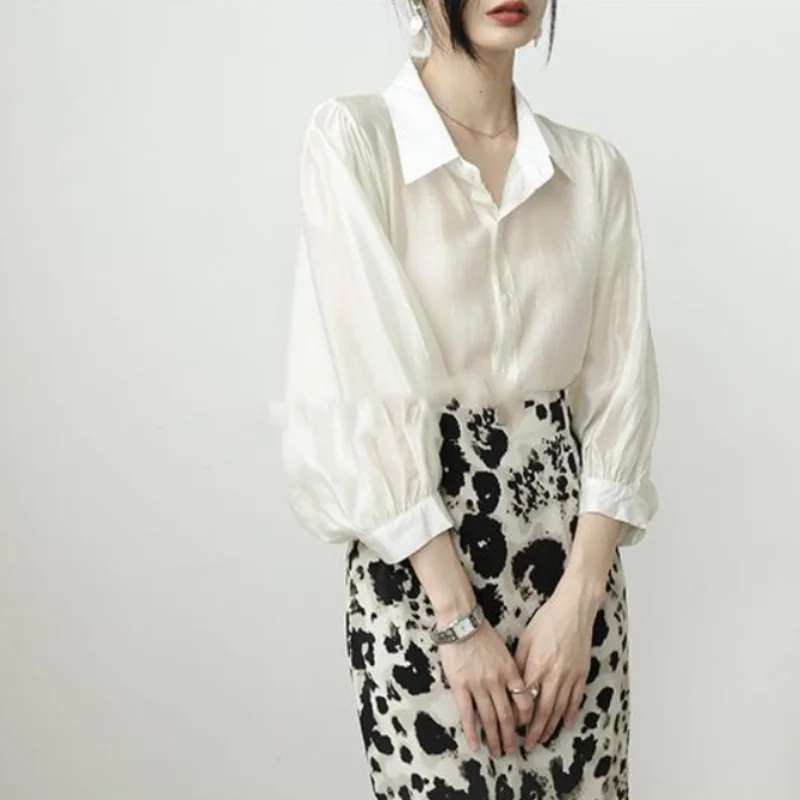 2024 Spring and Summer New Fashion Splicing Buttons Simplicity Solid Color Commuter Versatile POLO Collar Long Sleeved Shirt