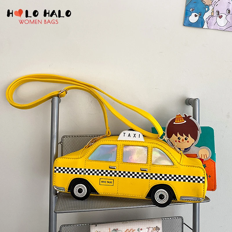 

Kawaii Желтая Сумка через плечо в форме такси для женщин, милые Мультяшные кошельки и сумочки, женская сумка через плечо, Женский Повседневный Кожаный клатч
