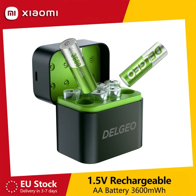 Delgeo AA Rechargeable Lithium-ion Battery 1.5V with Charger 3600mWh Large Capacity Compatiable for Mouse, Remote Control and Gamepad 1