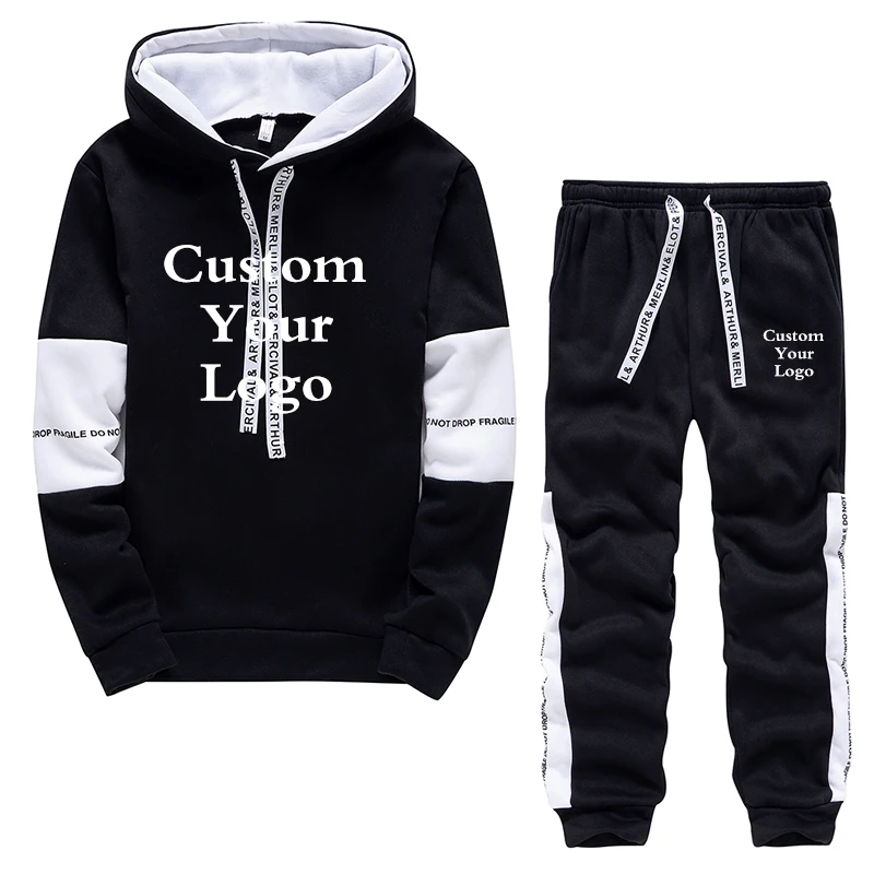 New Men's Custom Logo Sportwear 2 Piece Set Hoodie+Drawstring Sweatpants Autumn Warm Sport Tracksuit Clothing for Male